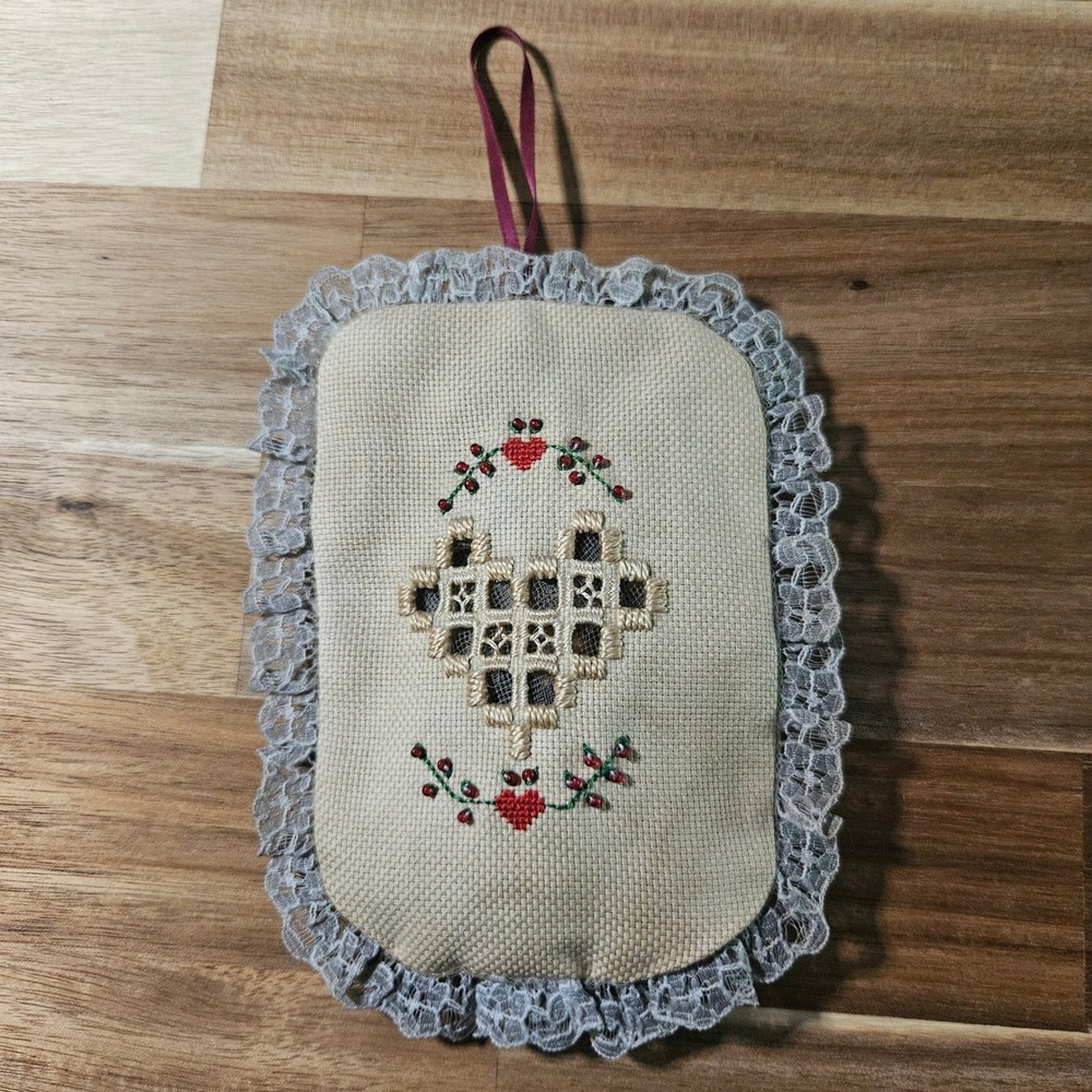 Handmade Hardanger Cross Stitch Heart Ornament Beaded Lace Trim Folk Art Sachet